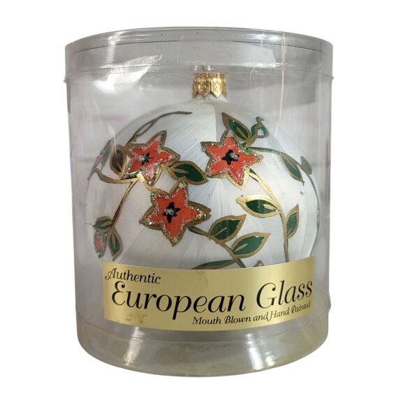 Authentic European Glass Pointsettia Ornament Hand Painted Sparkle Floral VTG - Picture 1 of 8